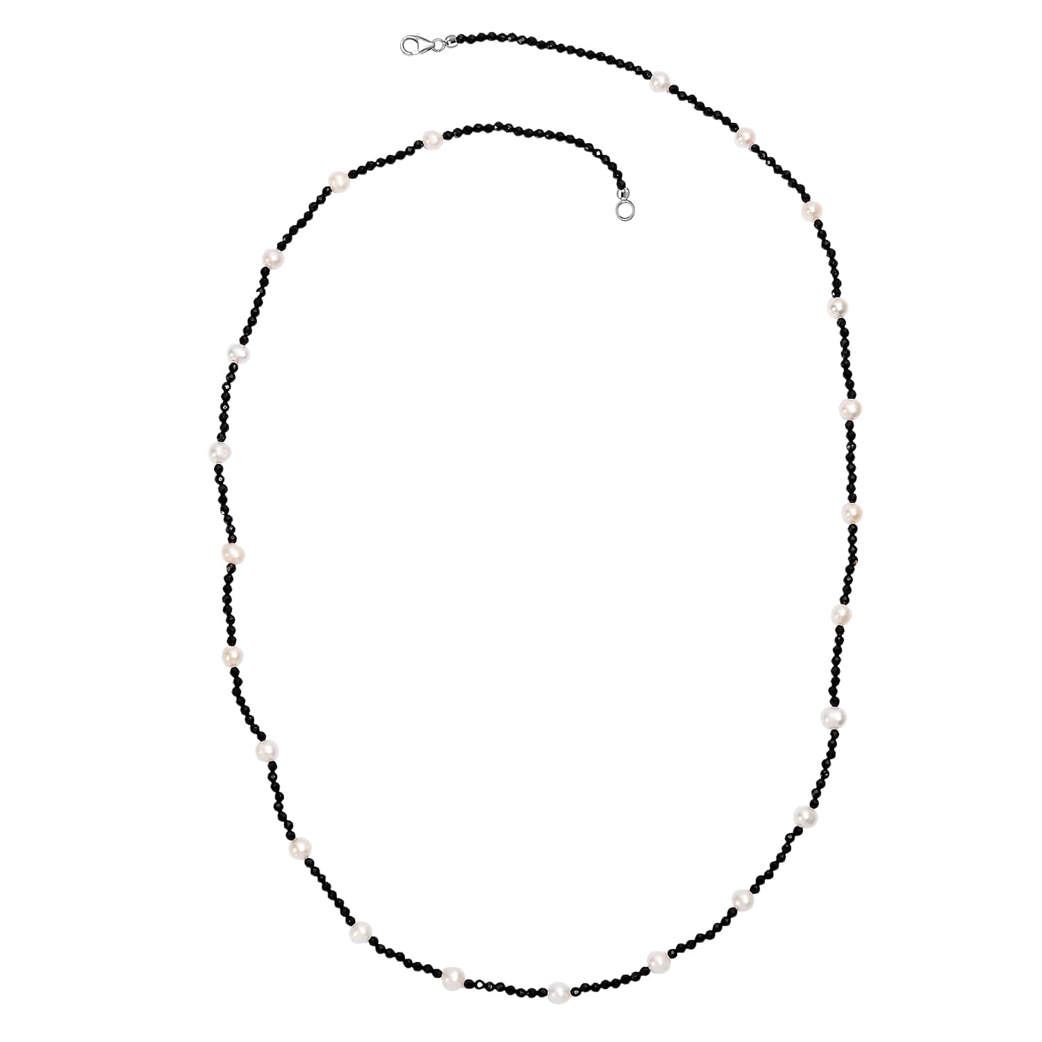 D'Joy Fresh Water Pearl & Black Spinel Necklace (Size - 24) in Rhodium Overlay Sterling Silver 45.00 Ct.