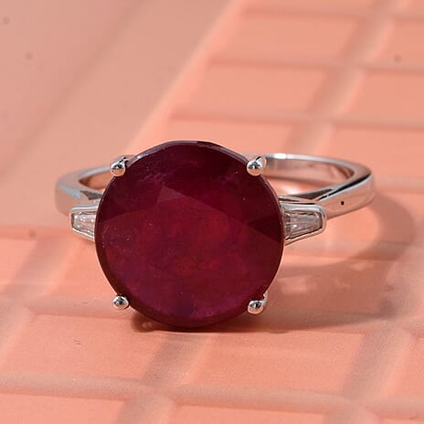 D'Joy African Ruby & Moissanite Ring in Rhodium Overlay Sterling Silver 9.64 Ct.