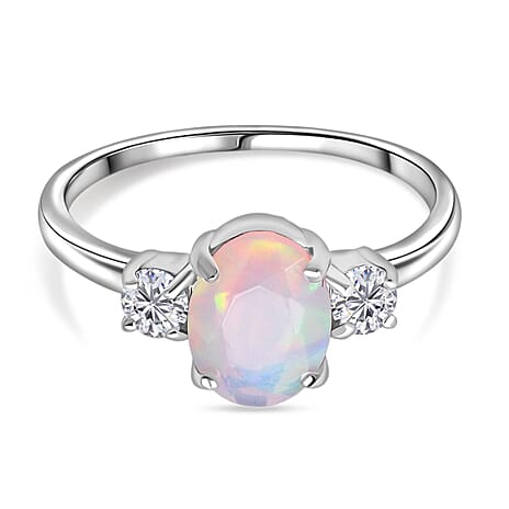 D'Joy Ethiopian Opal & Moissanite Ring in Rhodium Overlay Sterling Silver 1.39 Ct.
