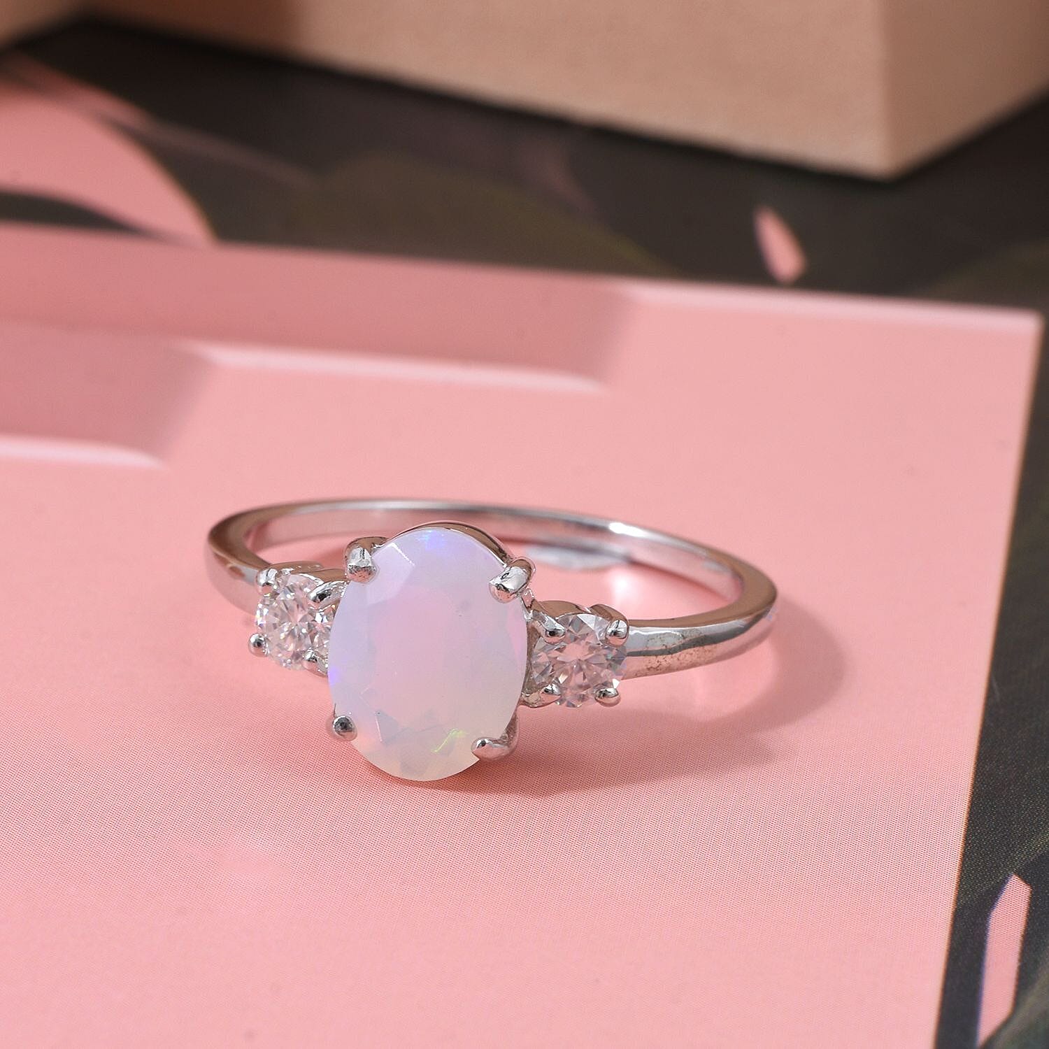 D'Joy Ethiopian Opal & Moissanite Ring in Rhodium Overlay Sterling Silver 1.39 Ct.