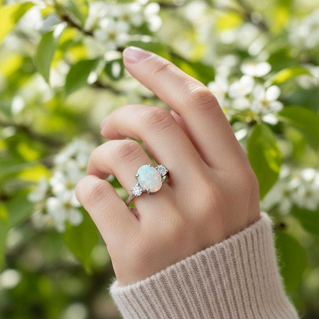 D'Joy Ethiopian Opal & Moissanite Ring in Rhodium Overlay Sterling Silver 1.39 Ct.