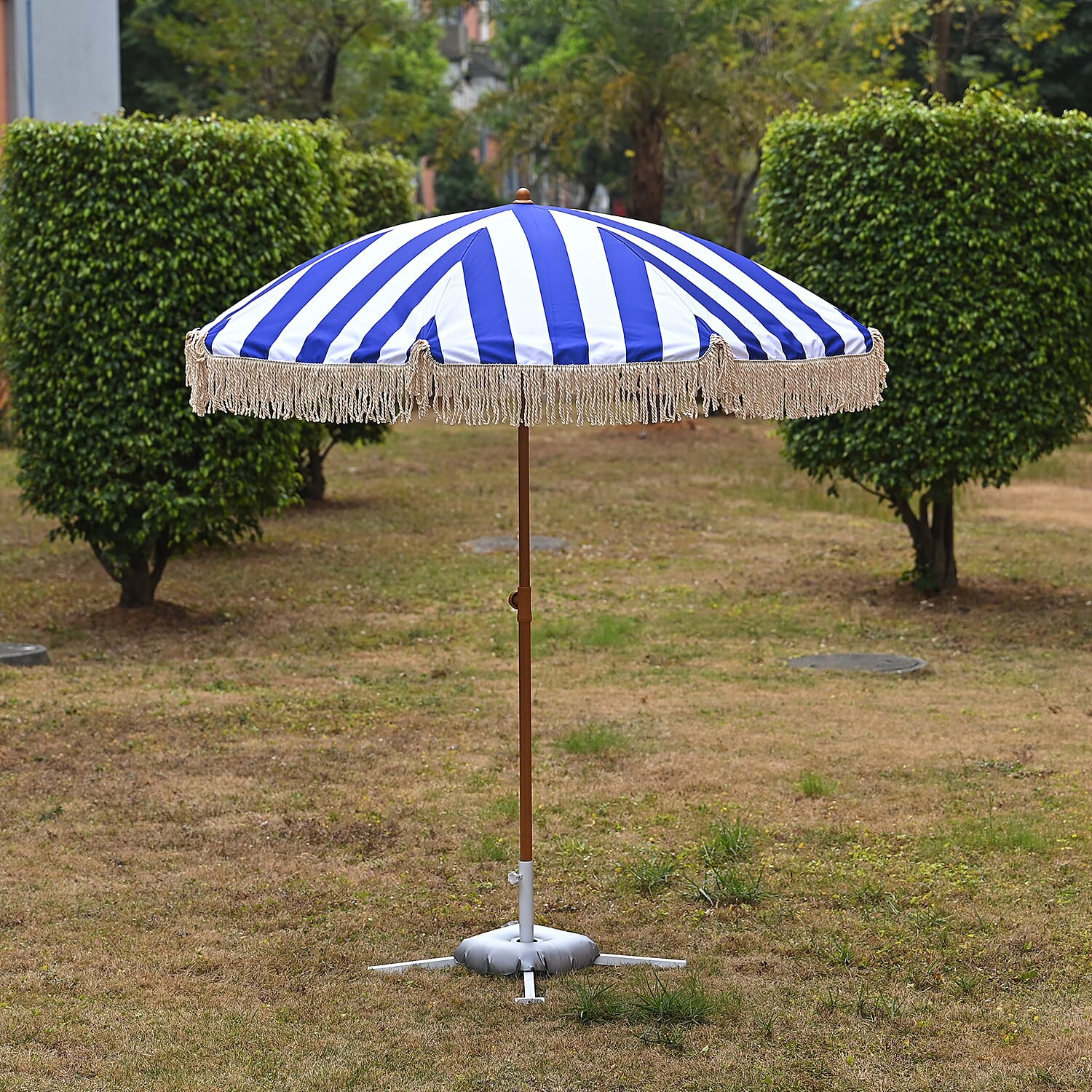 Livmore 2 M Stripe Pattern Round Parasol with Waterproof and UV Protection Including Iron Base - Blue
