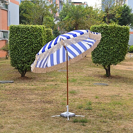 Livmore 2 M Stripe Pattern Round Parasol with Waterproof and UV Protection Including Iron Base - Dark Blue & White