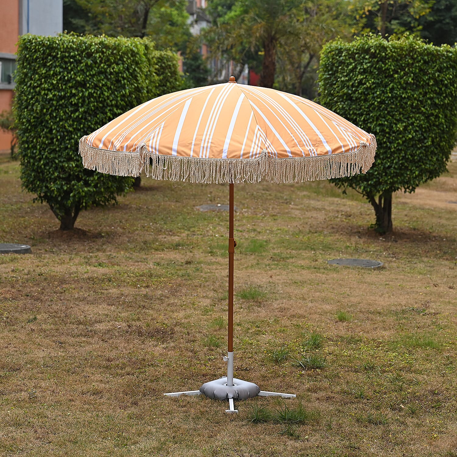 Livmore 2 M Stripe Pattern Round Parasol with Waterproof and UV Protection Including Iron Base - Yellow & White
