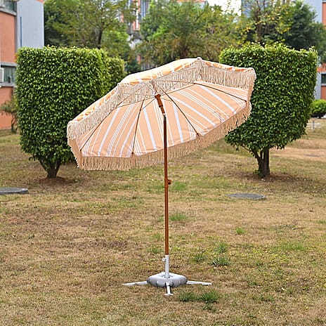 Livmore 2 M Stripe Pattern Round Parasol with Waterproof and UV Protection Including Iron Base - Yellow & White