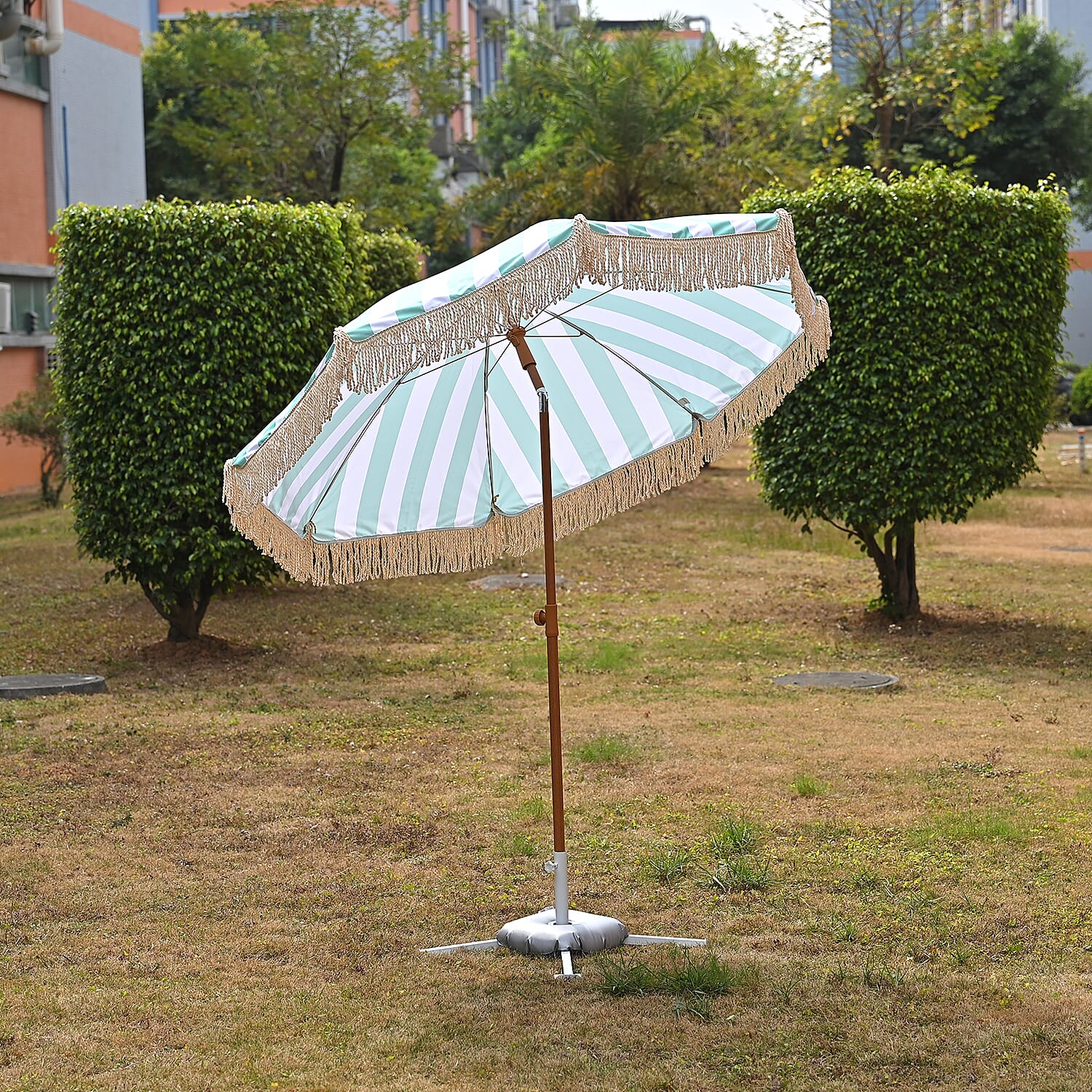 Livmore 2 M Stripe Pattern Round Parasol with Waterproof and UV Protection Including Iron Base - Green & White