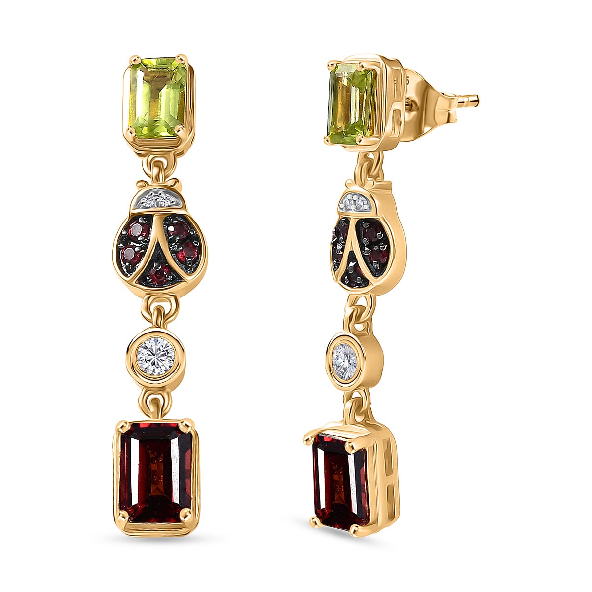 GP Trionfo Collection - Peridot, Red Garnet, Blue Sapphire & White Zircon Dangling Earring with Push Back in 18K Vermeil Yellow Gold Plated Sterling Silver 4.28 Ct.