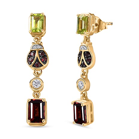 GP Trionfo Collection - Peridot, Red Garnet, Blue Sapphire & White Zircon Dangling Earring with Push Back in 18K Vermeil Yellow Gold Plated Sterling Silver 4.28 Ct.