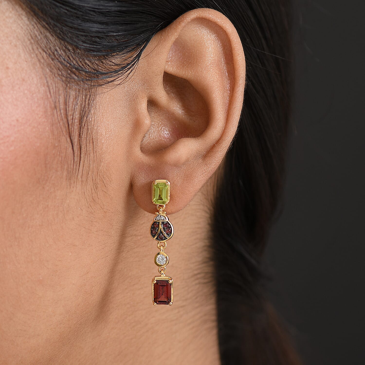 GP Trionfo Collection - Peridot, Red Garnet, Blue Sapphire & White Zircon Dangling Earring with Push Back in 18K Vermeil Yellow Gold Plated Sterling Silver 4.28 Ct.