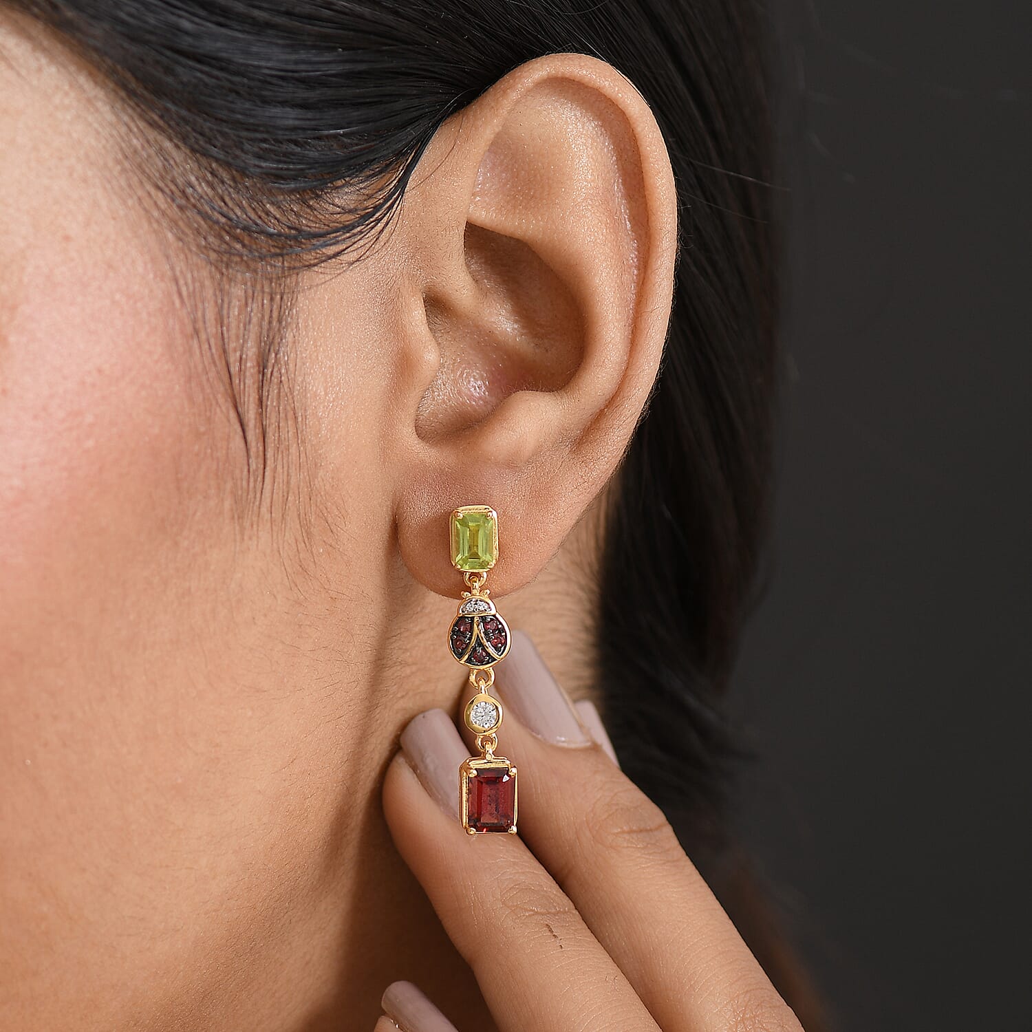 GP Trionfo Collection - Peridot, Red Garnet, Blue Sapphire & White Zircon Dangling Earring with Push Back in 18K Vermeil Yellow Gold Plated Sterling Silver 4.28 Ct.