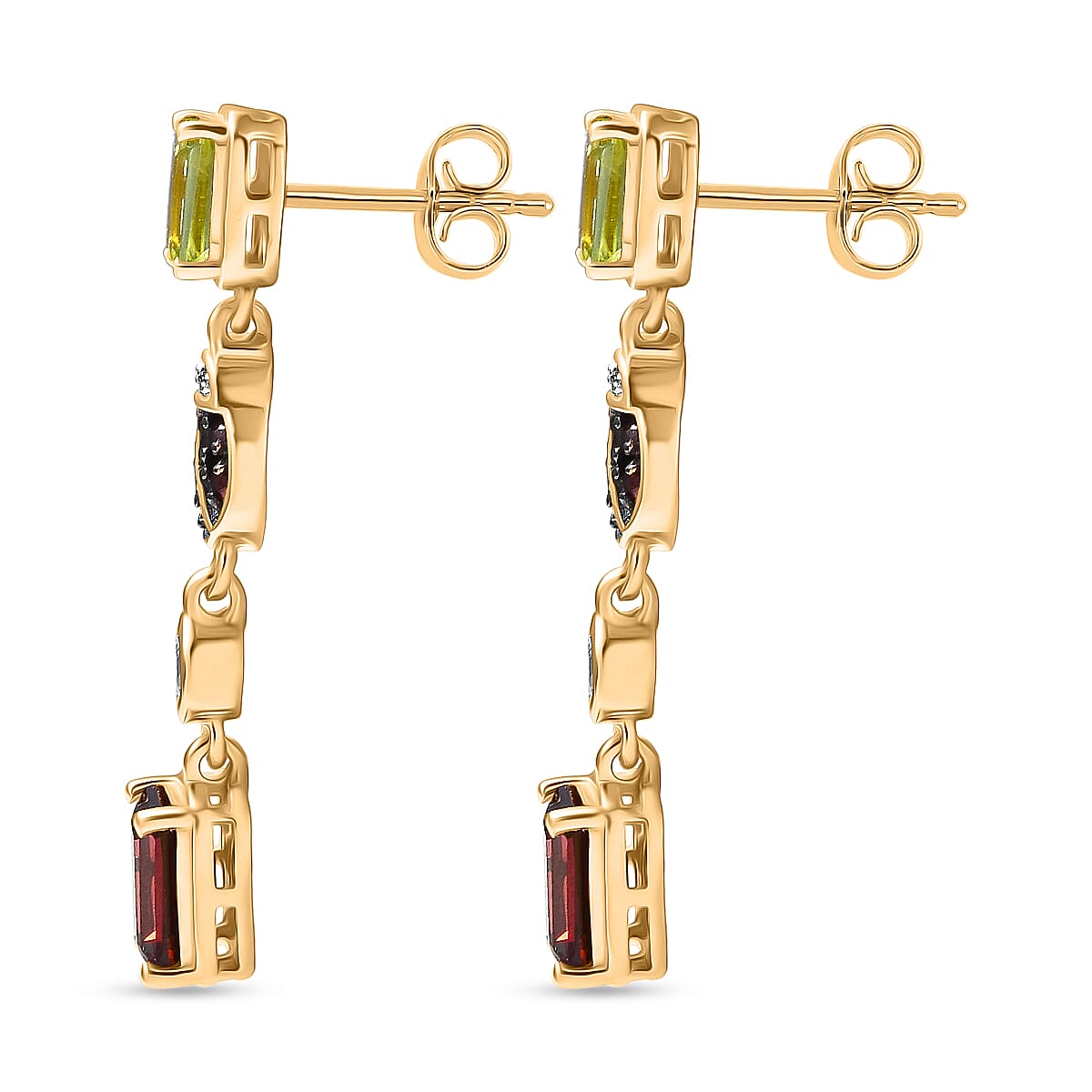 GP Trionfo Collection - Peridot, Red Garnet, Blue Sapphire & White Zircon Dangling Earring with Push Back in 18K Vermeil Yellow Gold Plated Sterling Silver 4.28 Ct.