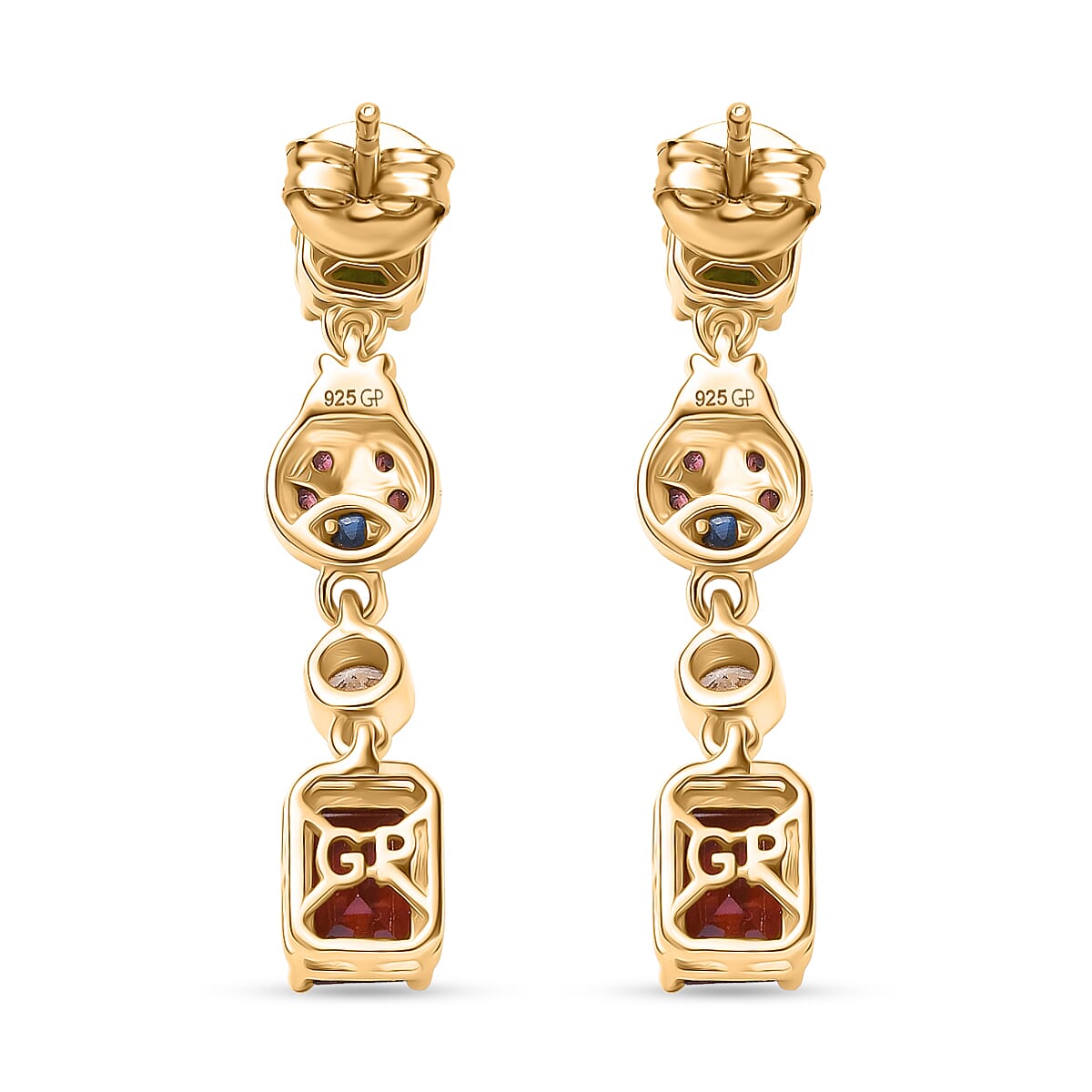 GP Trionfo Collection - Peridot, Red Garnet, Blue Sapphire & White Zircon Dangling Earring with Push Back in 18K Vermeil Yellow Gold Plated Sterling Silver 4.28 Ct.