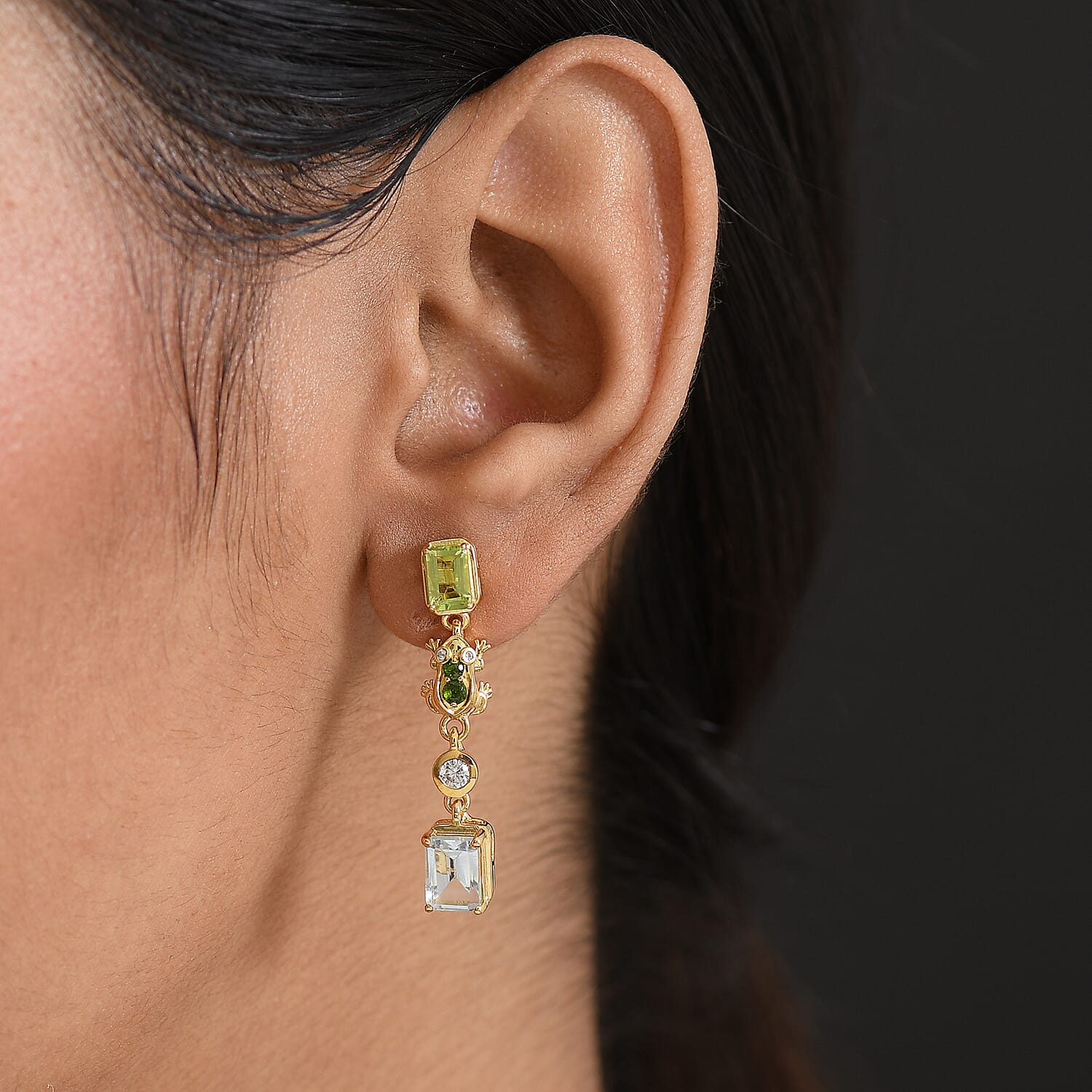 GP Trionfo Collection - Peridot & Multi Gemstones Dangling Earring with Push Back in 18K Vermeil Yellow Gold Plated Sterling Silver 4.25 Ct.