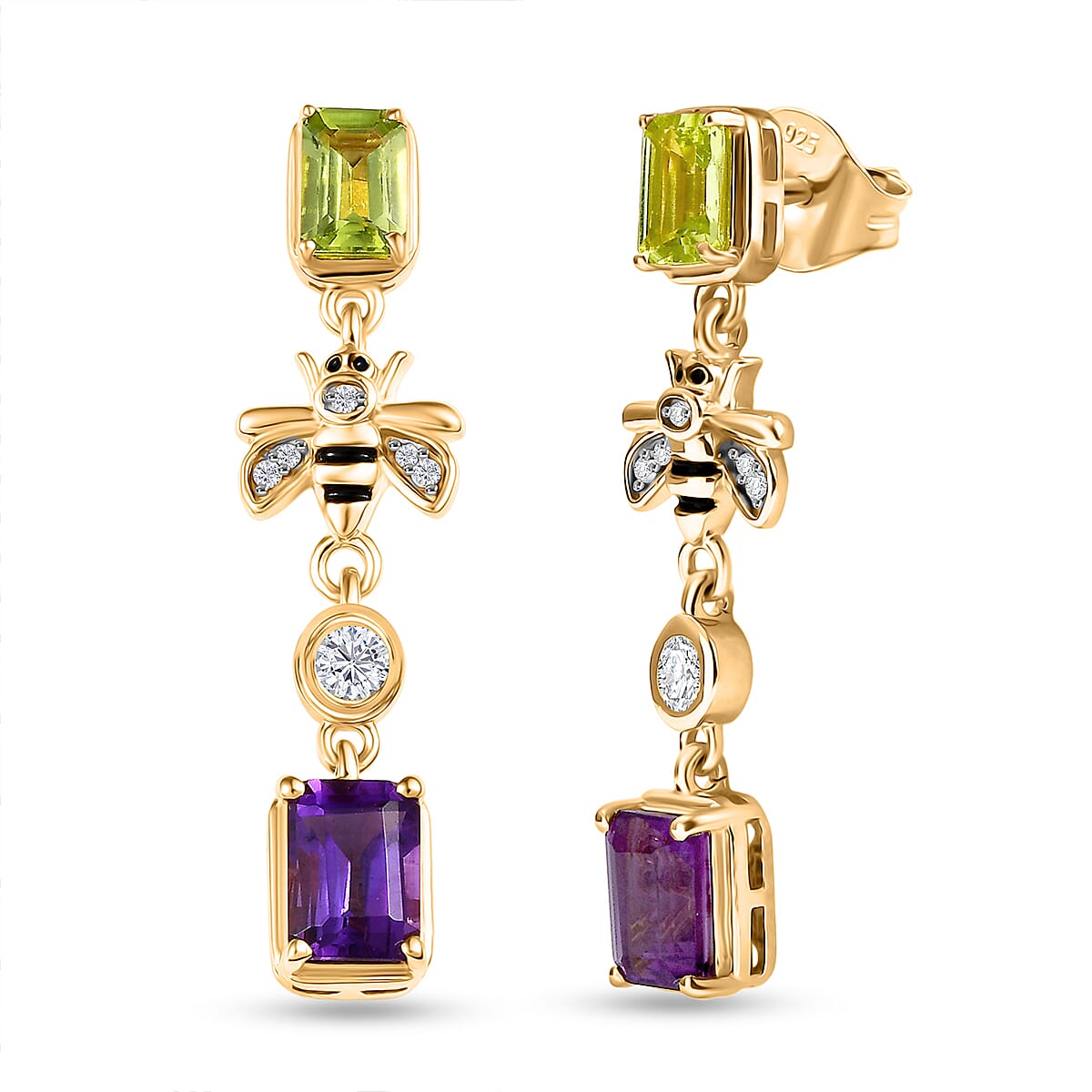 GP Trionfo Collection - Peridot, Blue Sapphire, White Zircon & African Amethyst Dangling Earring with Push Back in 18K Vermeil Yellow Gold Plated Sterling Silver 3.58 Ct.