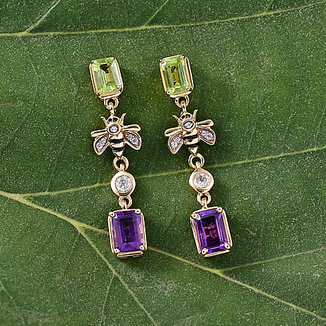 GP Trionfo Collection - Peridot, Blue Sapphire, White Zircon & African Amethyst Dangling Earring with Push Back in 18K Vermeil Yellow Gold Plated Sterling Silver 3.58 Ct.