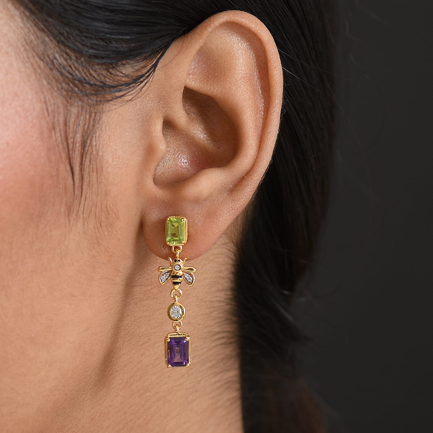 GP Trionfo Collection - Peridot, Blue Sapphire, White Zircon & African Amethyst Dangling Earring with Push Back in 18K Vermeil Yellow Gold Plated Sterling Silver 3.58 Ct.