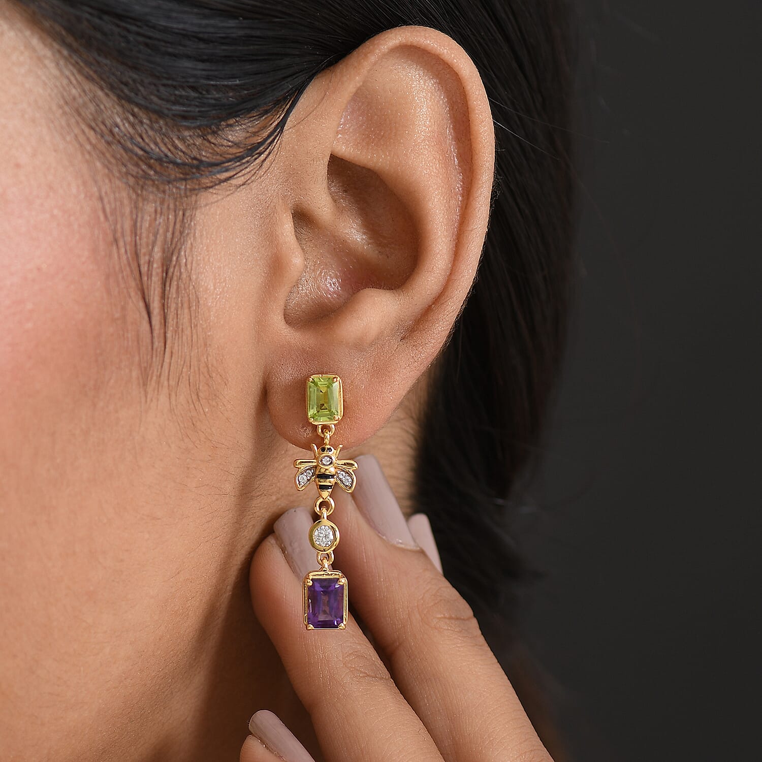 GP Trionfo Collection - Peridot, Blue Sapphire, White Zircon & African Amethyst Dangling Earring with Push Back in 18K Vermeil Yellow Gold Plated Sterling Silver 3.58 Ct.