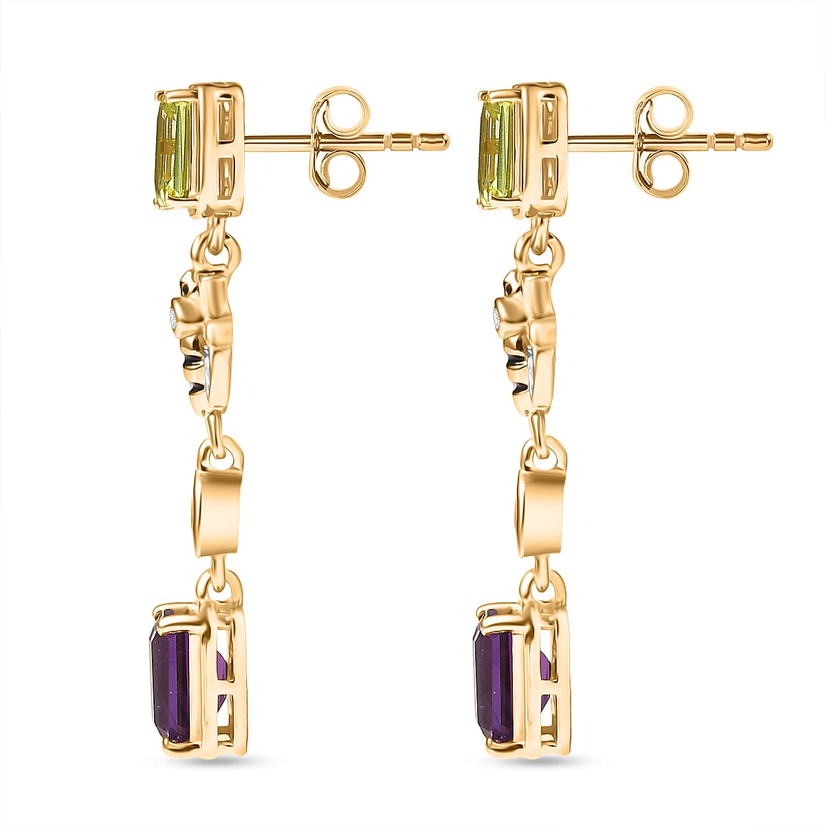 GP Trionfo Collection - Peridot, Blue Sapphire, White Zircon & African Amethyst Dangling Earring with Push Back in 18K Vermeil Yellow Gold Plated Sterling Silver 3.58 Ct.
