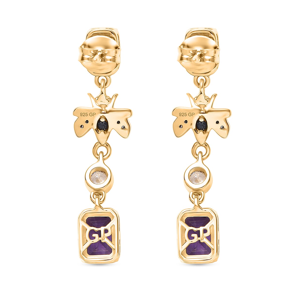 GP Trionfo Collection - Peridot, Blue Sapphire, White Zircon & African Amethyst Dangling Earring with Push Back in 18K Vermeil Yellow Gold Plated Sterling Silver 3.58 Ct.