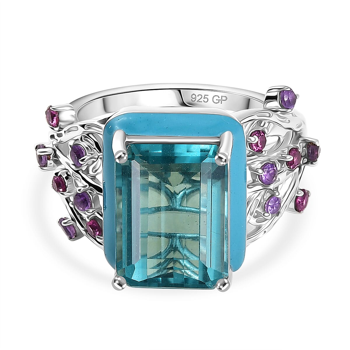GP Italian Garden Collection - Teal Fluorite, Rhodolite Garnet, Blue Sapphire & African Amethyst Ring in Rhodium Overlay Sterling Silver 10.12 Ct, Silver Wt. 5.40 Gms.