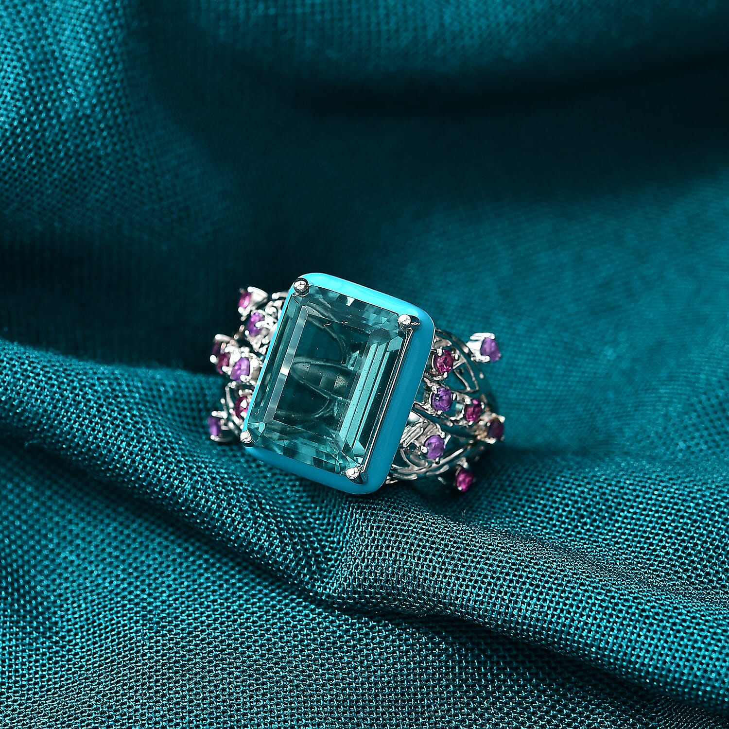 GP Italian Garden Collection - Teal Fluorite, Rhodolite Garnet, Blue Sapphire & African Amethyst Ring in Rhodium Overlay Sterling Silver 10.12 Ct, Silver Wt. 5.40 Gms.