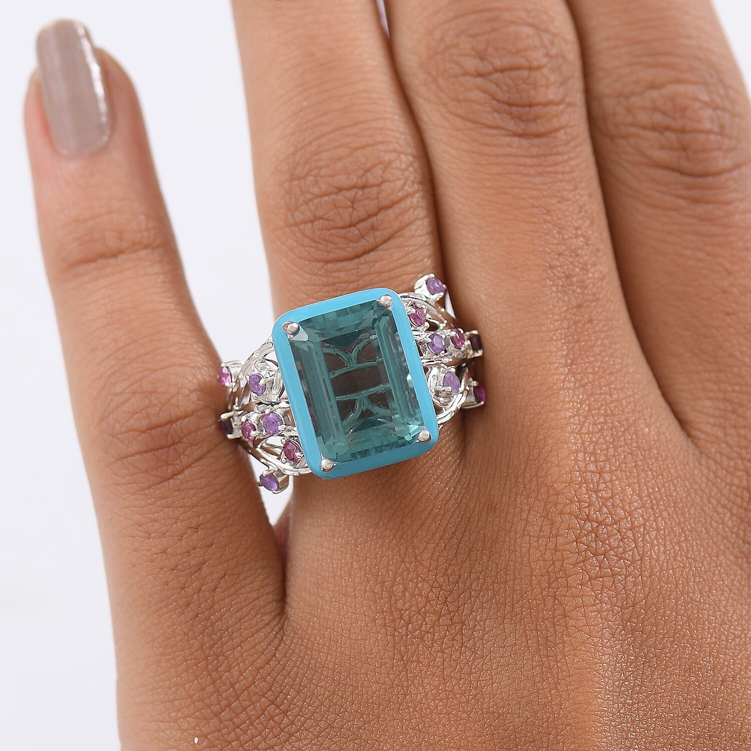 GP Italian Garden Collection - Teal Fluorite, Rhodolite Garnet, Blue Sapphire & African Amethyst Ring in Rhodium Overlay Sterling Silver 10.12 Ct, Silver Wt. 5.40 Gms.