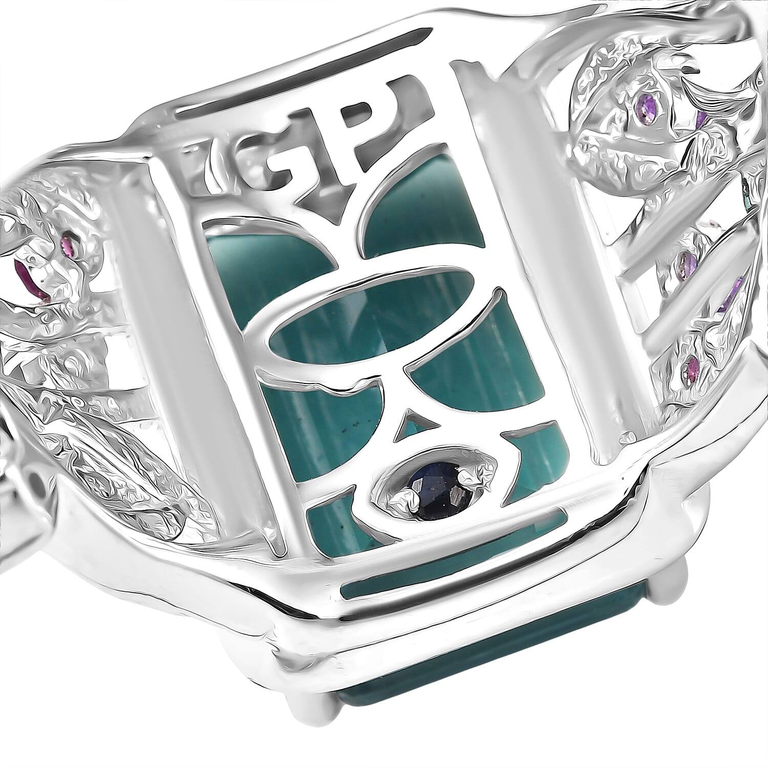 GP Italian Garden Collection - Teal Fluorite, Rhodolite Garnet, Blue Sapphire & African Amethyst Ring in Rhodium Overlay Sterling Silver 10.12 Ct, Silver Wt. 5.40 Gms.