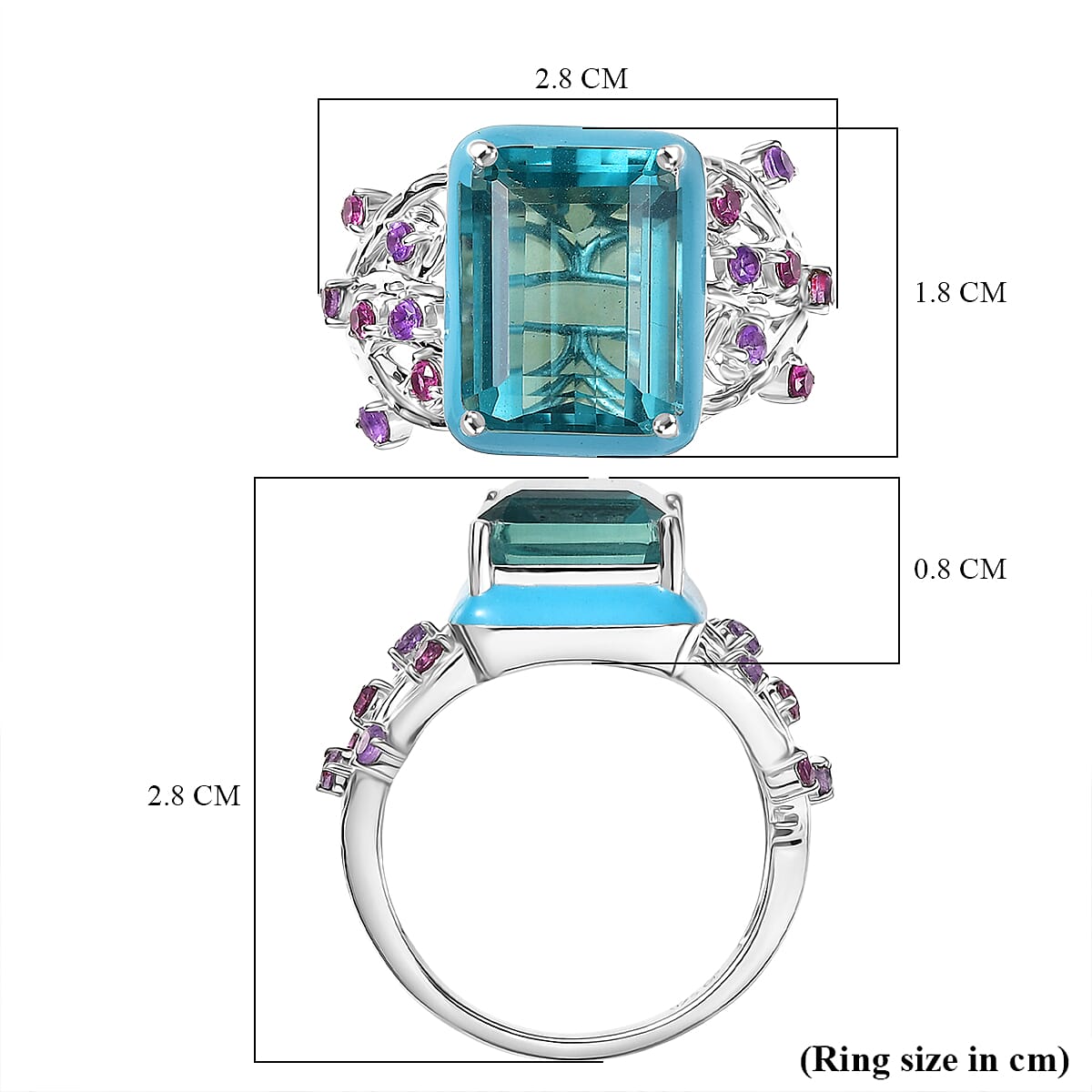 GP Italian Garden Collection - Teal Fluorite, Rhodolite Garnet, Blue Sapphire & African Amethyst Ring in Rhodium Overlay Sterling Silver 10.12 Ct, Silver Wt. 5.40 Gms.