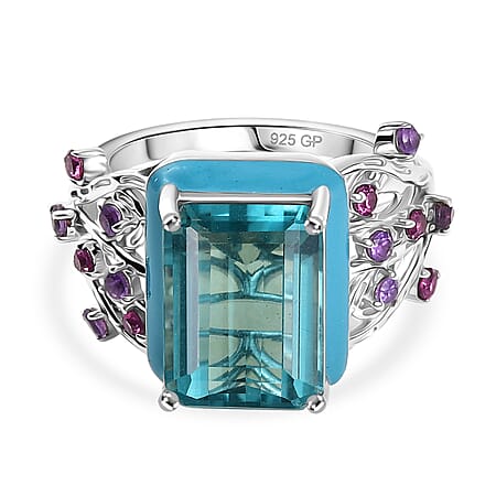 GP Italian Garden Collection - Teal Fluorite, Rhodolite Garnet, Blue Sapphire & African Amethyst Ring in Rhodium Overlay Sterling Silver 8.08 Ct, Silver Wt. 6.00 Gms. GP Italian Garden Collection - Teal Fluorite, Rhodolite Garnet, Blue Sapphire & African Amethyst Ring in Rhodium Overlay Sterling Silver 8.08 Ct, Silver Wt. 6.00 Gms.