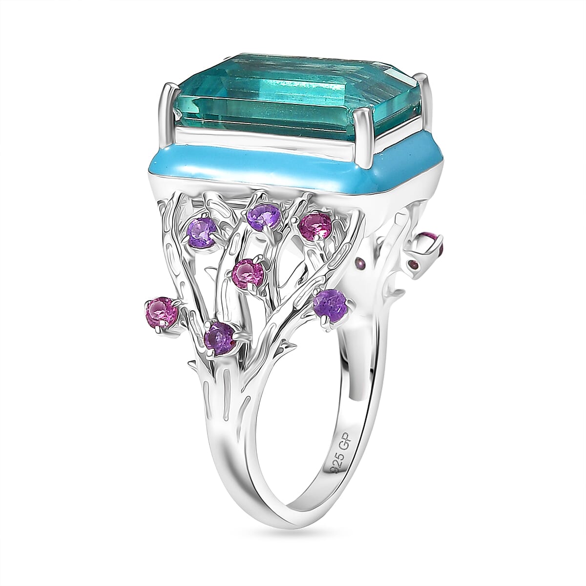 GP Italian Garden Collection - Teal Fluorite, Rhodolite Garnet, Blue Sapphire & African Amethyst Ring in Rhodium Overlay Sterling Silver 10.12 Ct, Silver Wt. 5.40 Gms.