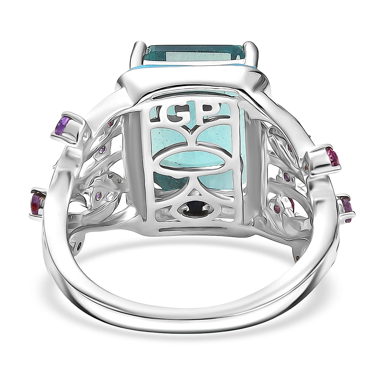 GP Italian Garden Collection - Teal Fluorite, Rhodolite Garnet, Blue Sapphire & African Amethyst Ring in Rhodium Overlay Sterling Silver 10.12 Ct, Silver Wt. 5.40 Gms.