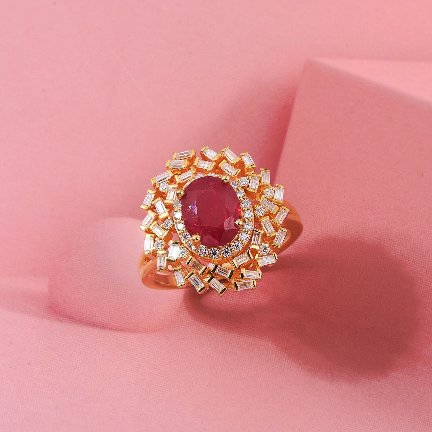 D'Joy Fissure Filled Ruby, Moissanite Ring in 18K YG VermeilSterling Silver  3.200  Ct.