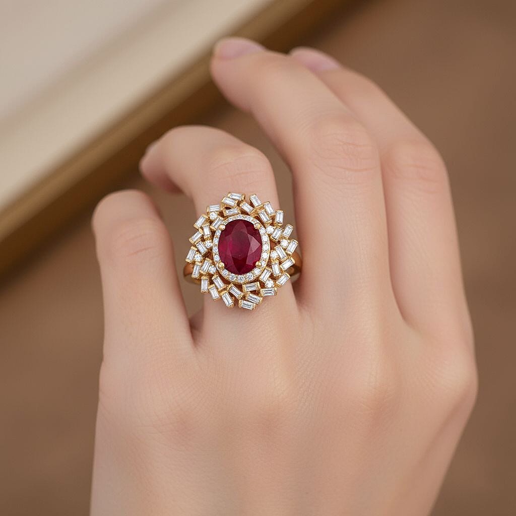 D'Joy Fissure Filled Ruby, Moissanite Ring in 18K YG VermeilSterling Silver  3.200  Ct.
