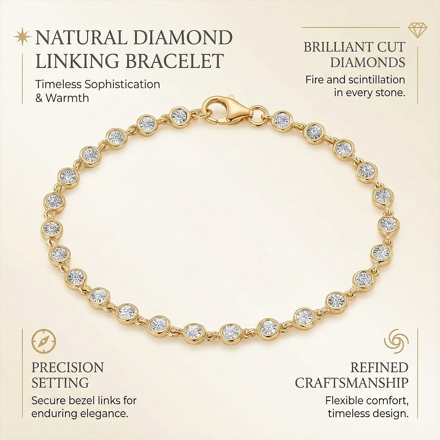 D'Joy White Diamond Linking Bracelet (Size 7.5) with Lobster Clasp in Yellow Gold Plated Sterling Silver, Silver Wt. 5.51 Gms.