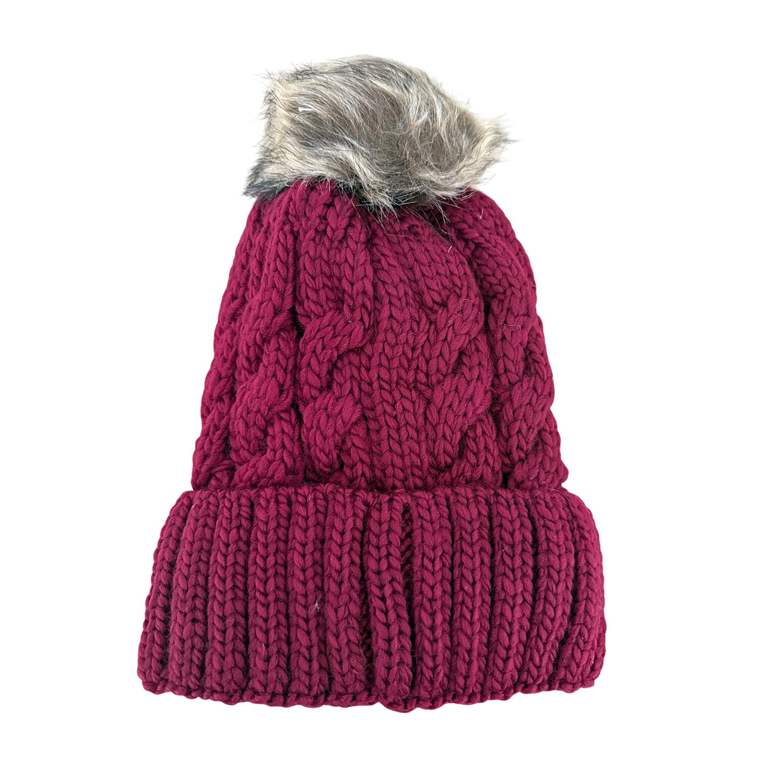 Chunky Cable Knit Beanie Hat with Faux Fur Pom-Pom - Burgundy