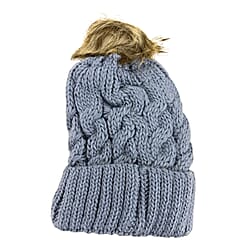 Chunky Cable Knit Beanie Hat with Faux Fur Pom-Pom - Blue