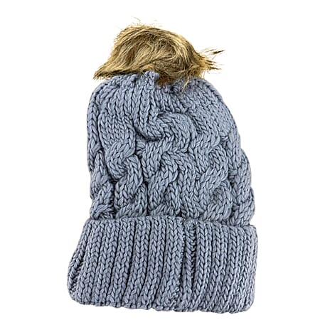 Chunky Cable Knit Beanie Hat with Faux Fur Pom-Pom - Blue