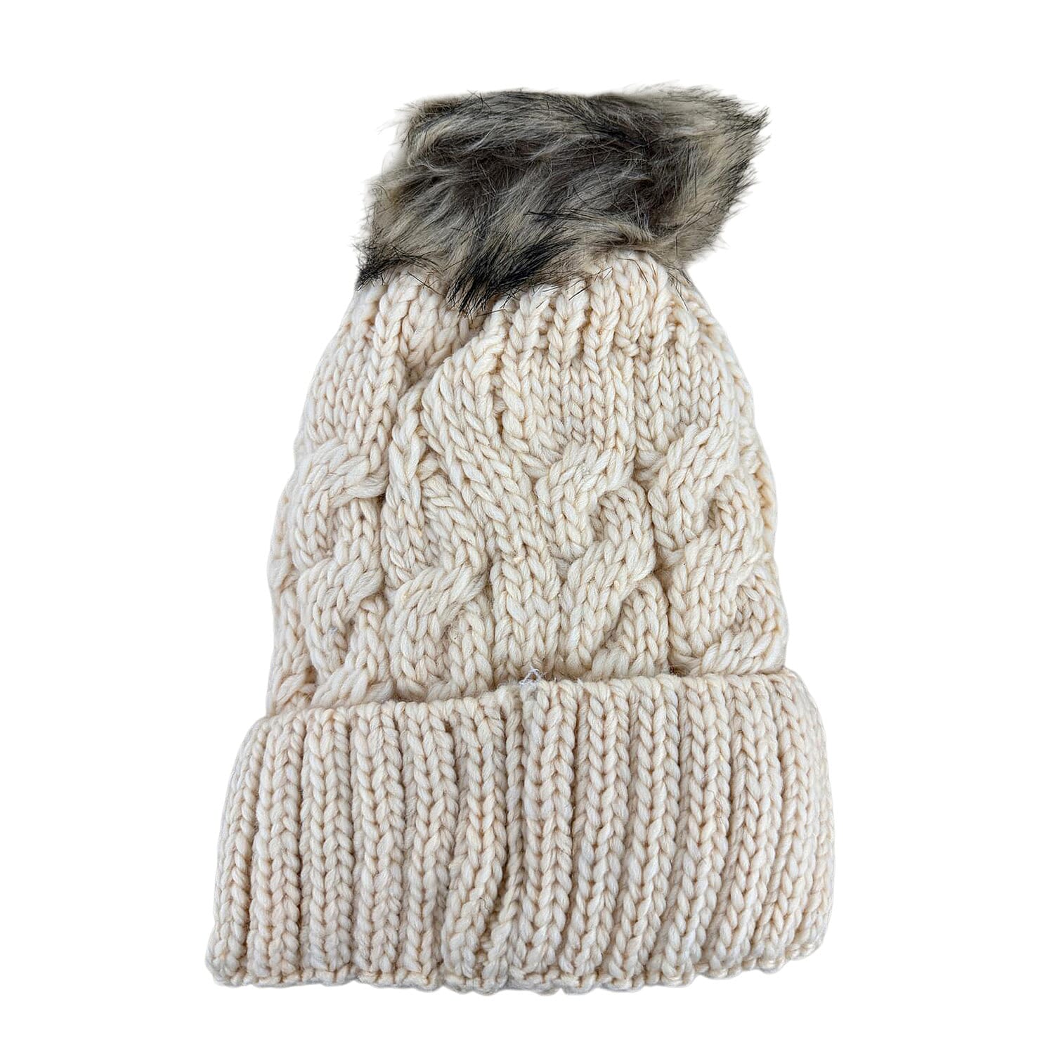 Chunky Cable Knit Beanie Hat with Faux Fur Pom-Pom - Beige