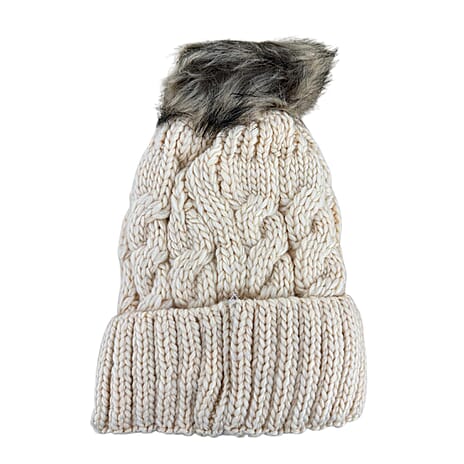 Chunky Cable Knit Beanie Hat with Faux Fur Pom-Pom - Beige