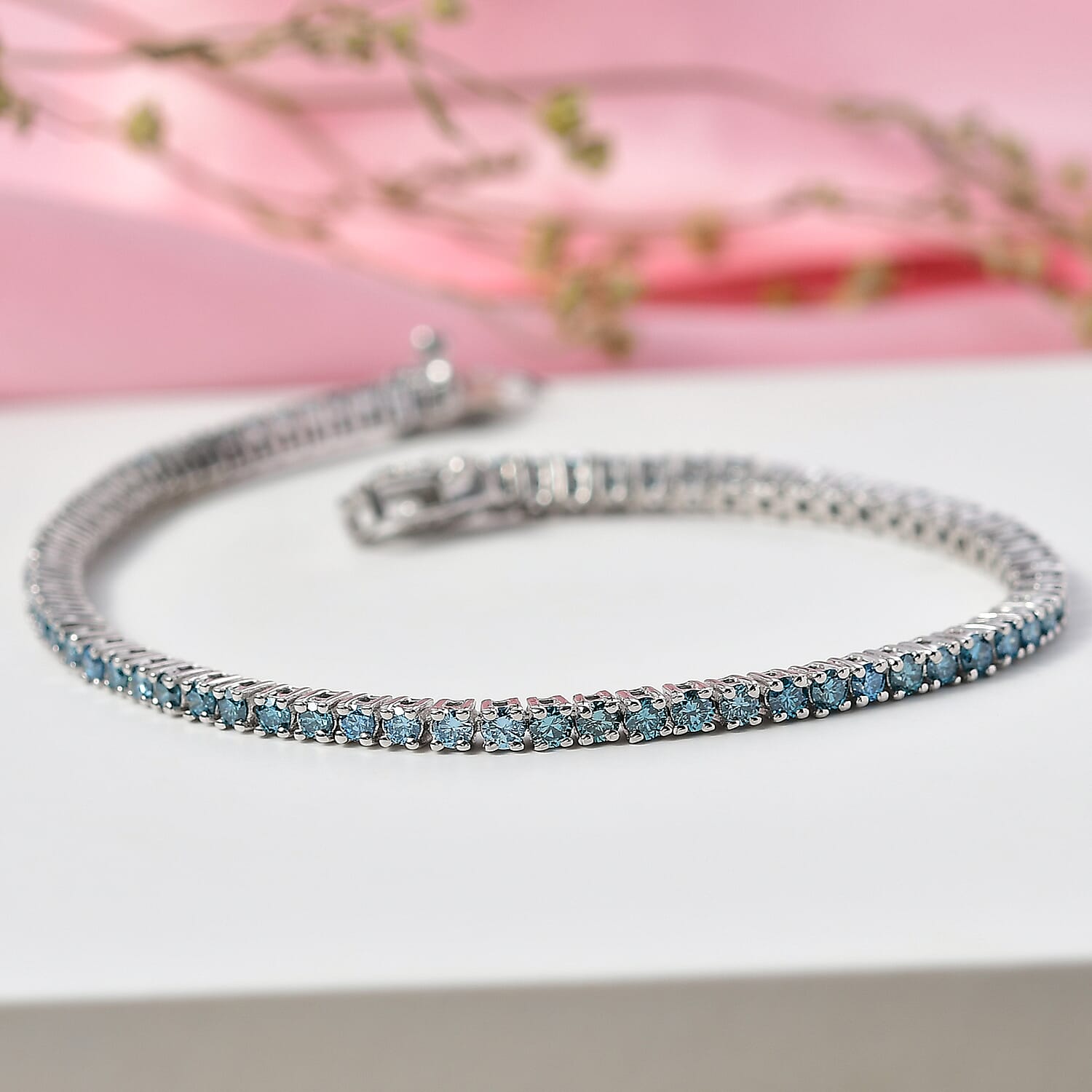 Luxuriant Lab Grown Blue Diamond (SI-GH) Linking Bracelet (Size 7.5) with GB Lock Box in Rhodium Overlay Sterling Silver 3.01 Ct, Silver Wt. 8.10 Gms.