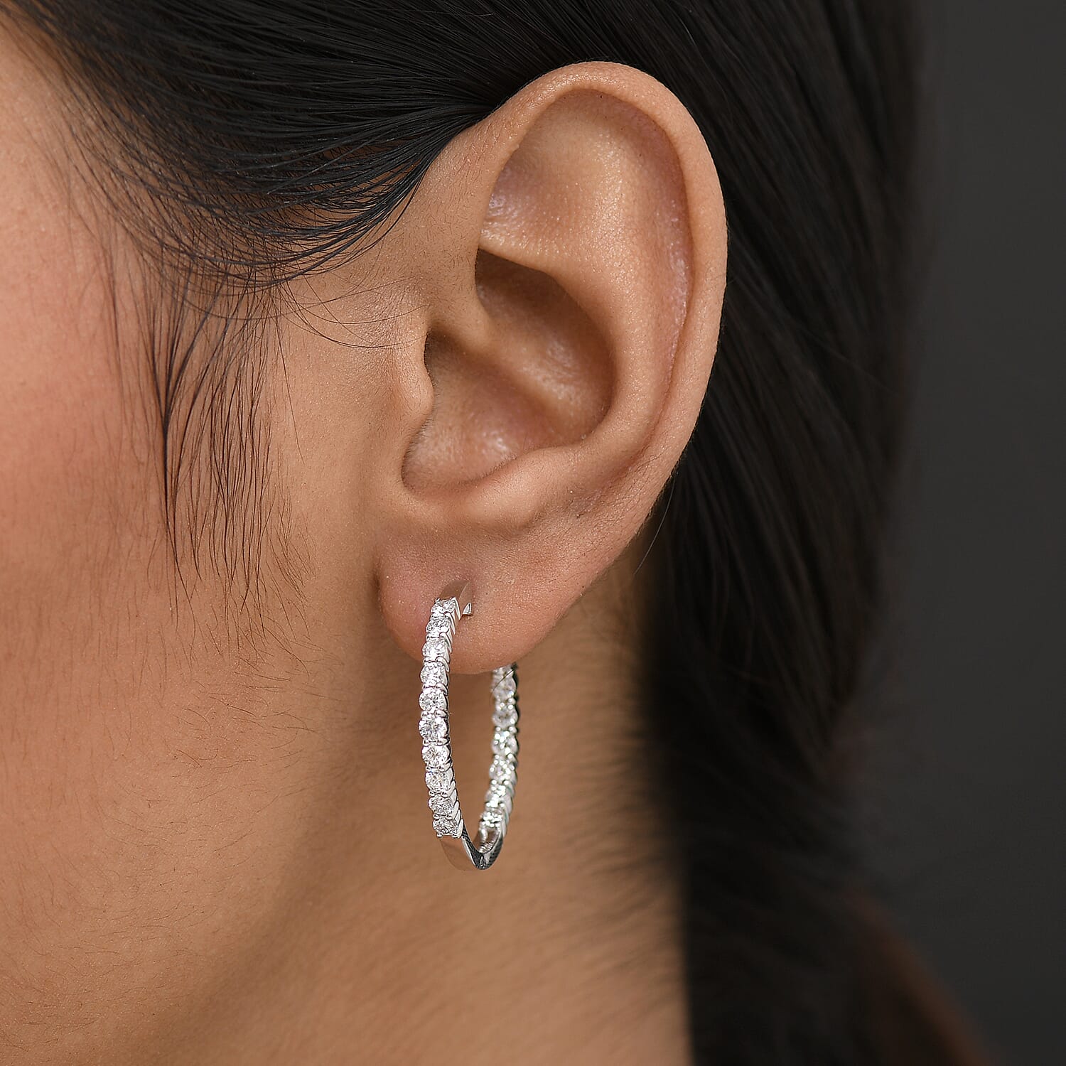 Luxuriant Lab Grown Diamond (SI-GH) Full Hoop Earring in Rhodium Overlay Sterling Silver 2.00 Ct, Silver Wt. 5.16 Gms.