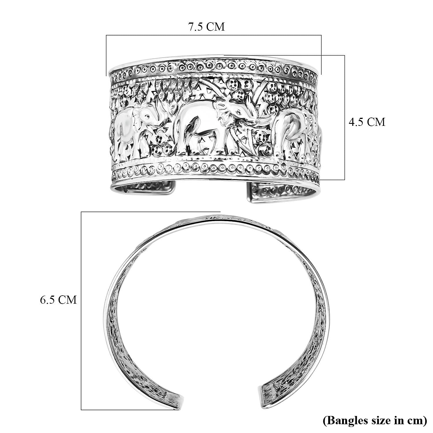 Treasure of Siam - Sterling Silver Elephant Cuff Bangle (Size 7.5), Silver Wt. 41.80 Gms.
