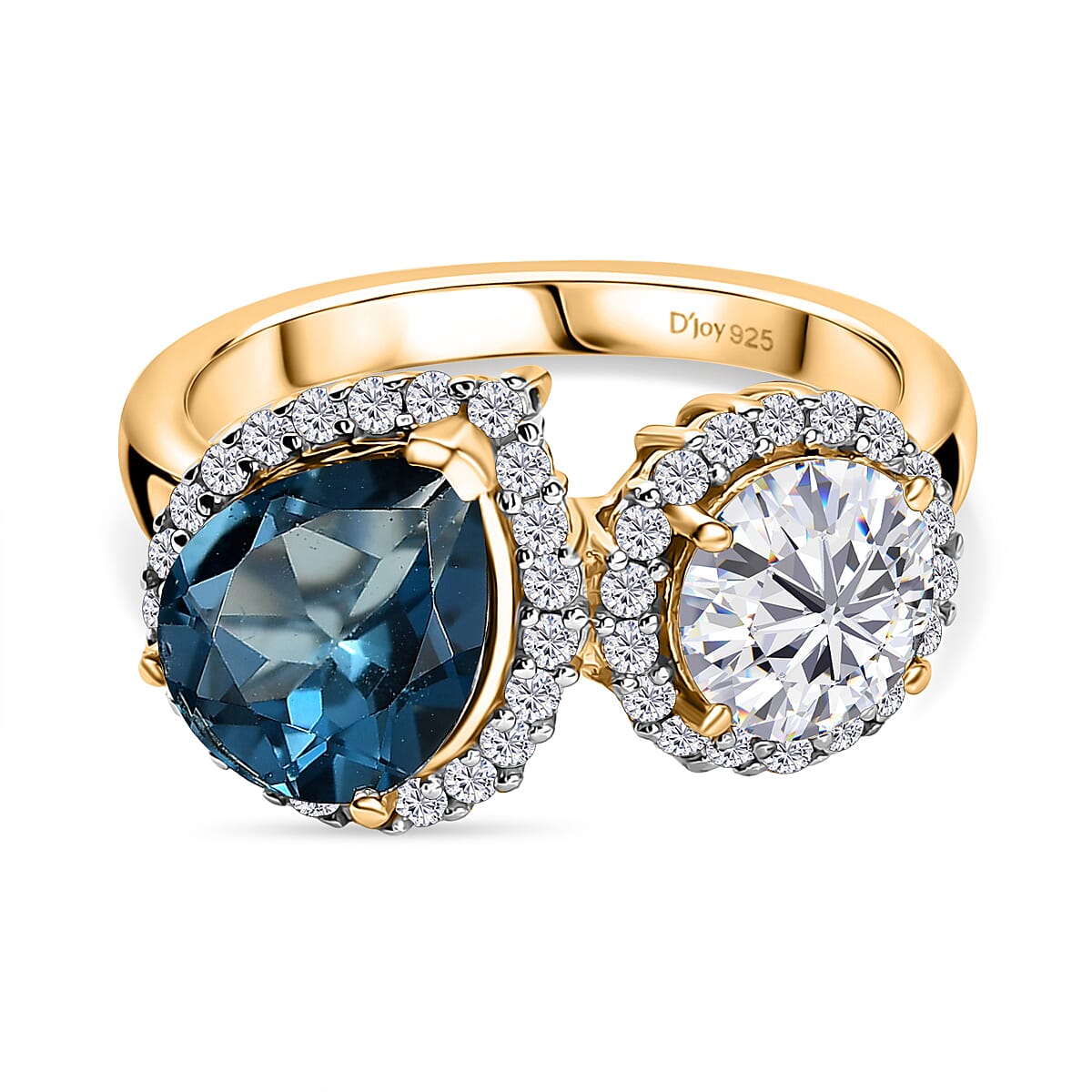 D'Joy London Blue Topaz, Moissanite Fancy Ring in 18K YG VermeilSterling Silver  4.280  Ct.