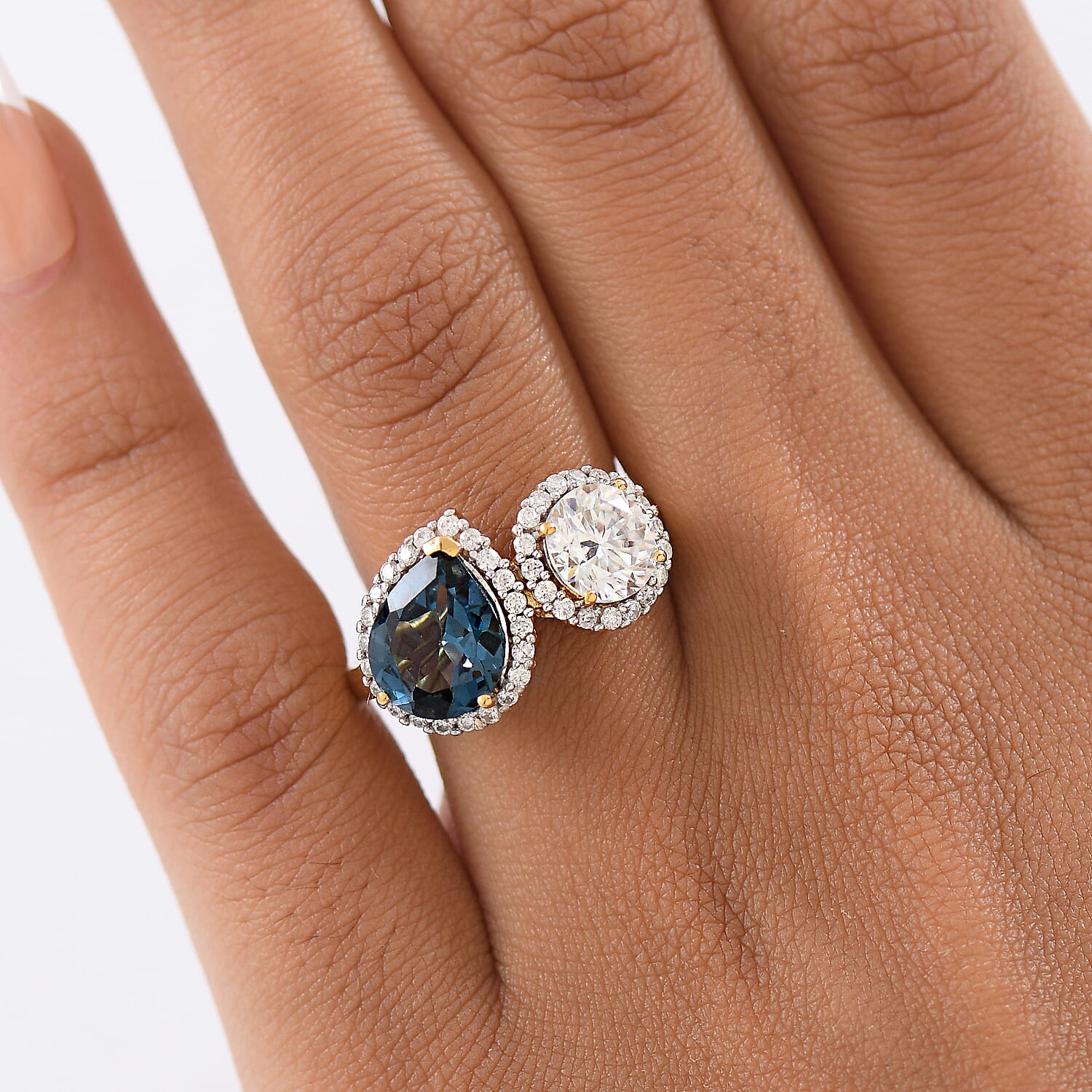 D'Joy London Blue Topaz, Moissanite Fancy Ring in 18K YG VermeilSterling Silver  4.280  Ct.