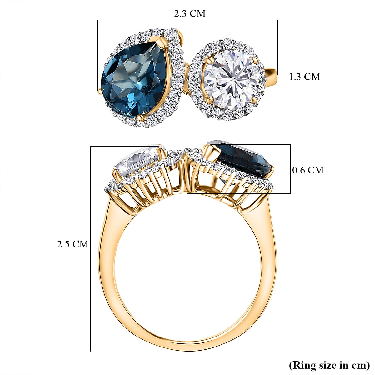 D'Joy London Blue Topaz, Moissanite Fancy Ring in 18K YG VermeilSterling Silver  4.280  Ct.