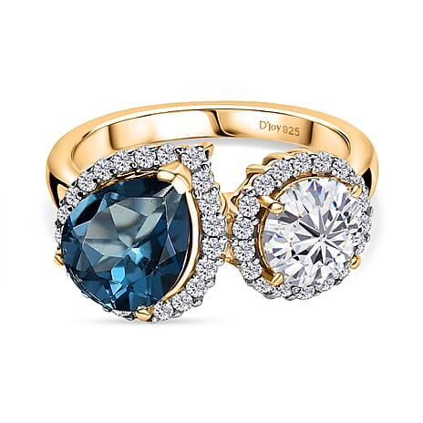 D'Joy London Blue Topaz & Moissanite Ring in 18K Vermeil Yellow Gold Plated Sterling Silver 4.28 Ct.
