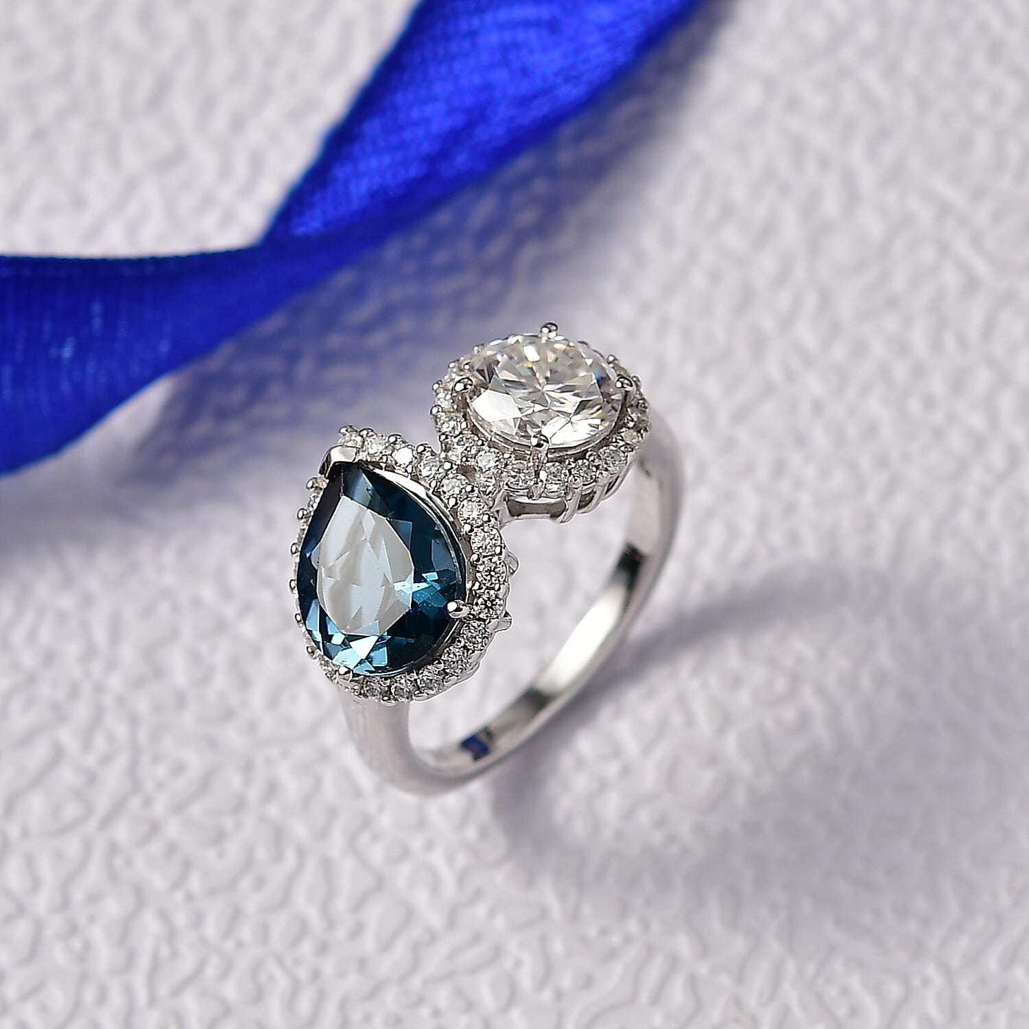 D'Joy London Blue Topaz Moissanite Fancy Ring in Sterling Silver 4.280 Ct.