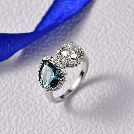 D'Joy London Blue Topaz, Moissanite Fancy Ring in Rhodium OverlaySterling Silver  4.280  Ct.