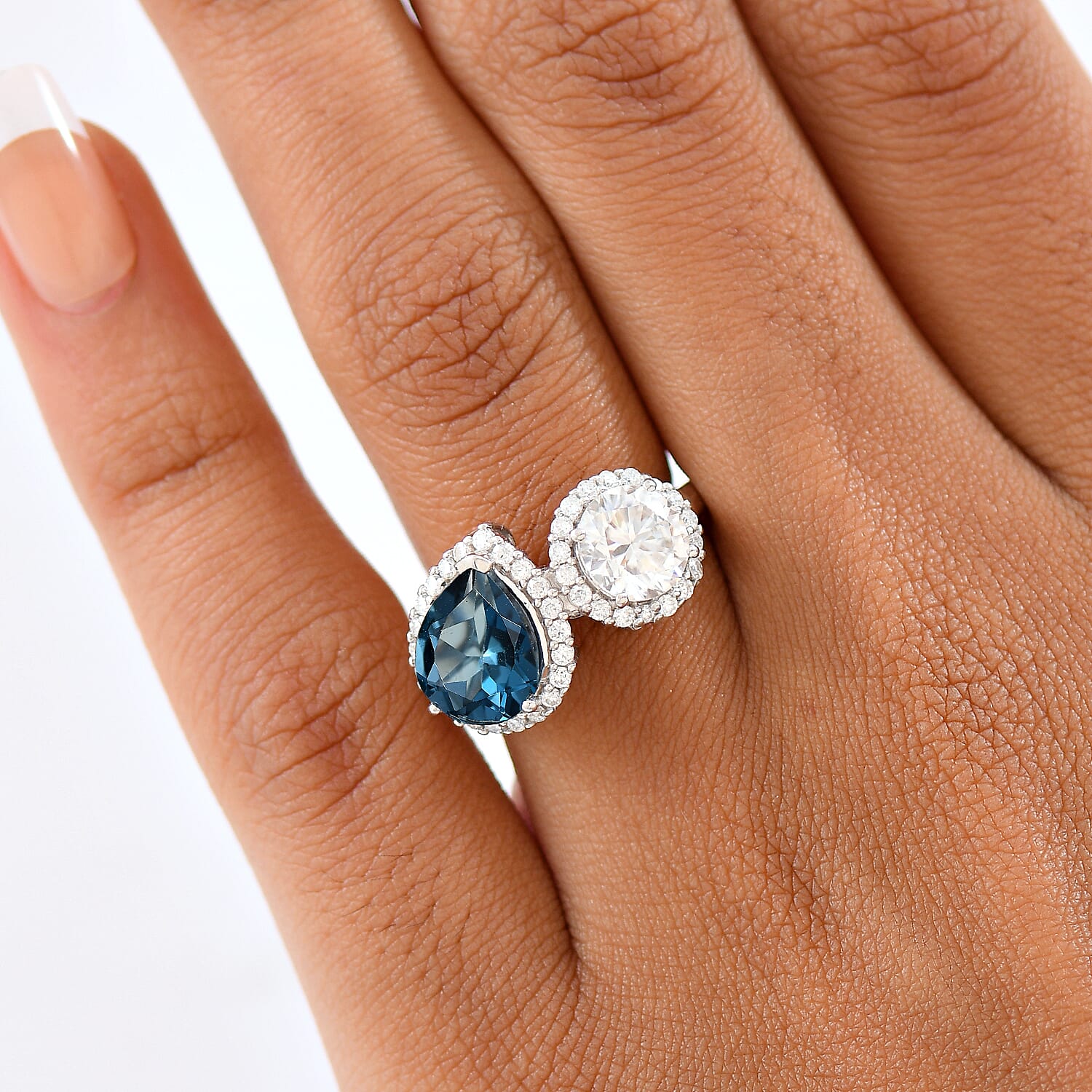 D'Joy London Blue Topaz Moissanite Fancy Ring in Sterling Silver 4.280 Ct.