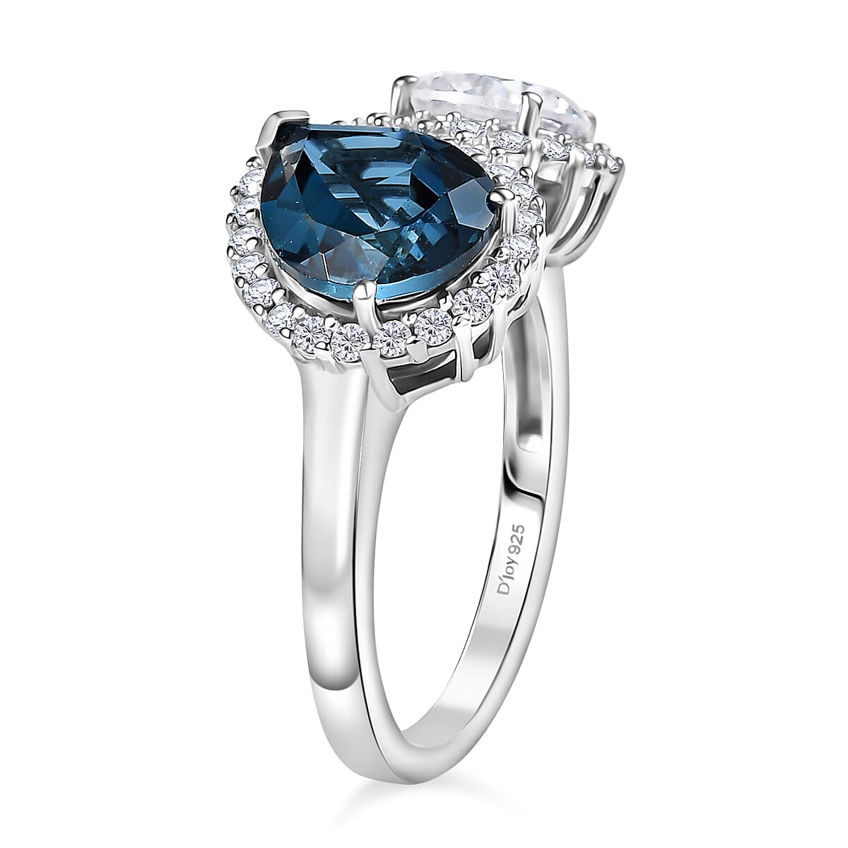 D'Joy London Blue Topaz Moissanite Fancy Ring in Sterling Silver 4.280 Ct.